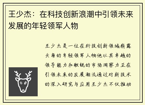 王少杰：在科技创新浪潮中引领未来发展的年轻领军人物