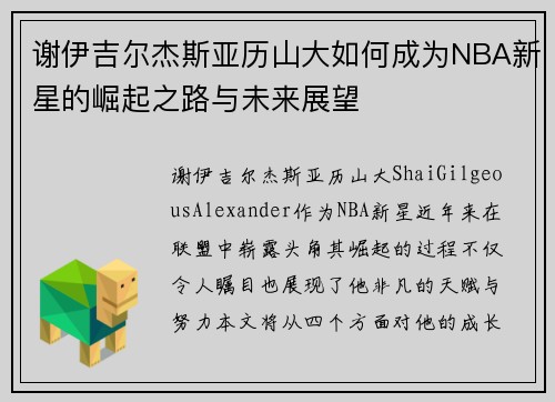 谢伊吉尔杰斯亚历山大如何成为NBA新星的崛起之路与未来展望