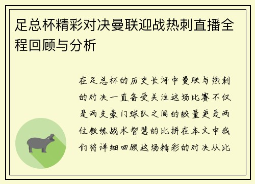 足总杯精彩对决曼联迎战热刺直播全程回顾与分析