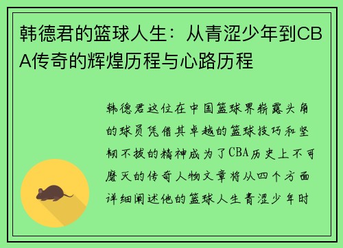 韩德君的篮球人生：从青涩少年到CBA传奇的辉煌历程与心路历程